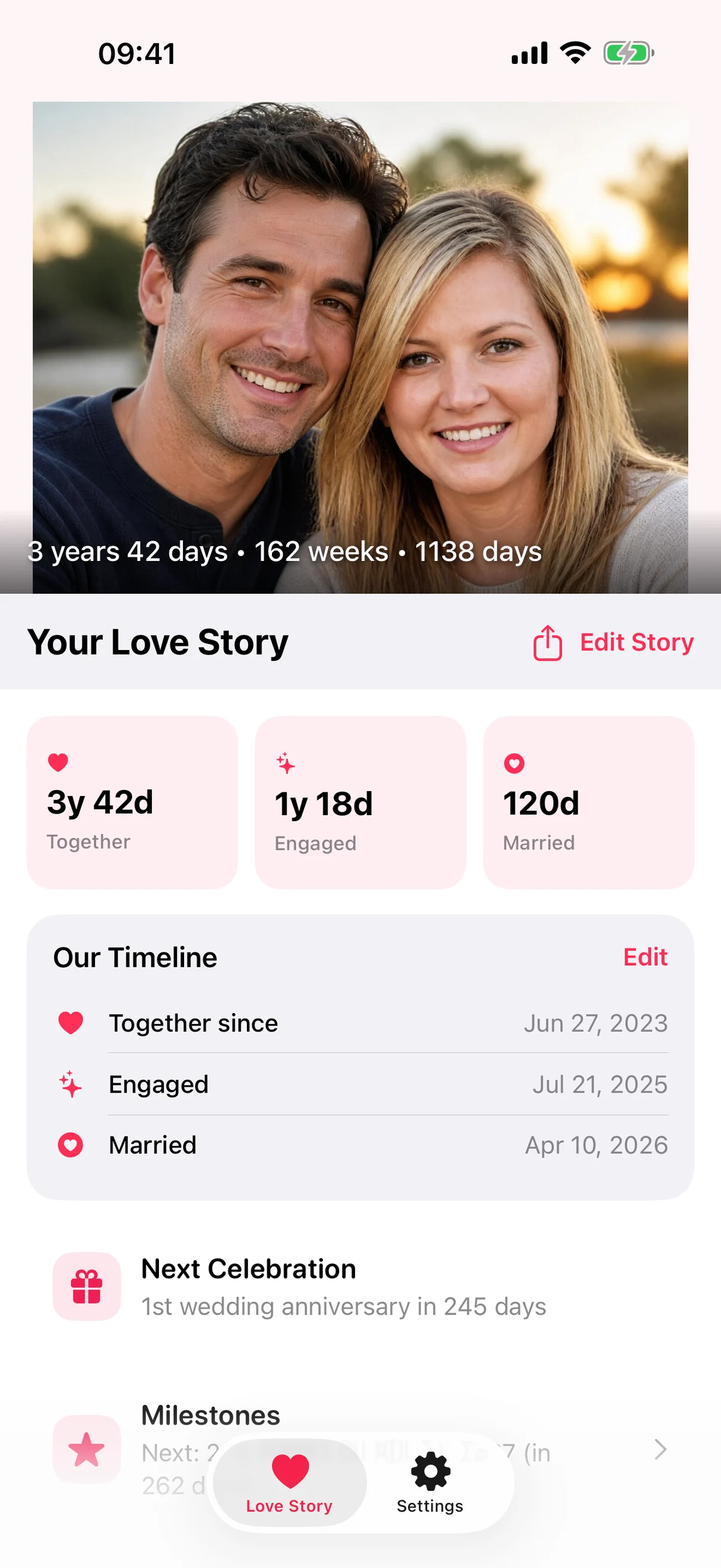 BeLoved Love Story showing together, engagement and marriage headline counts with an exact-date timeline