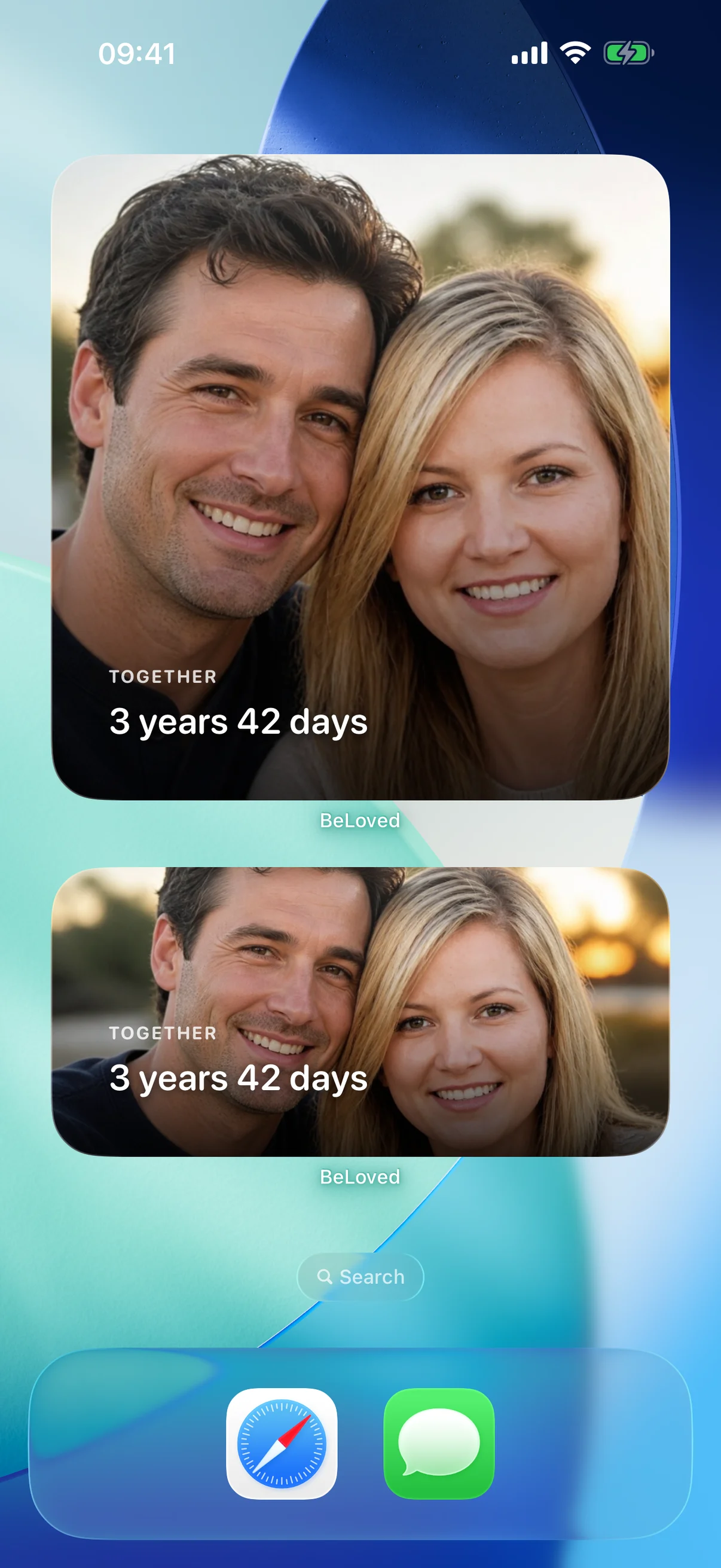 BeLoved medium and large photo widgets installed on an iPhone Home Screen
