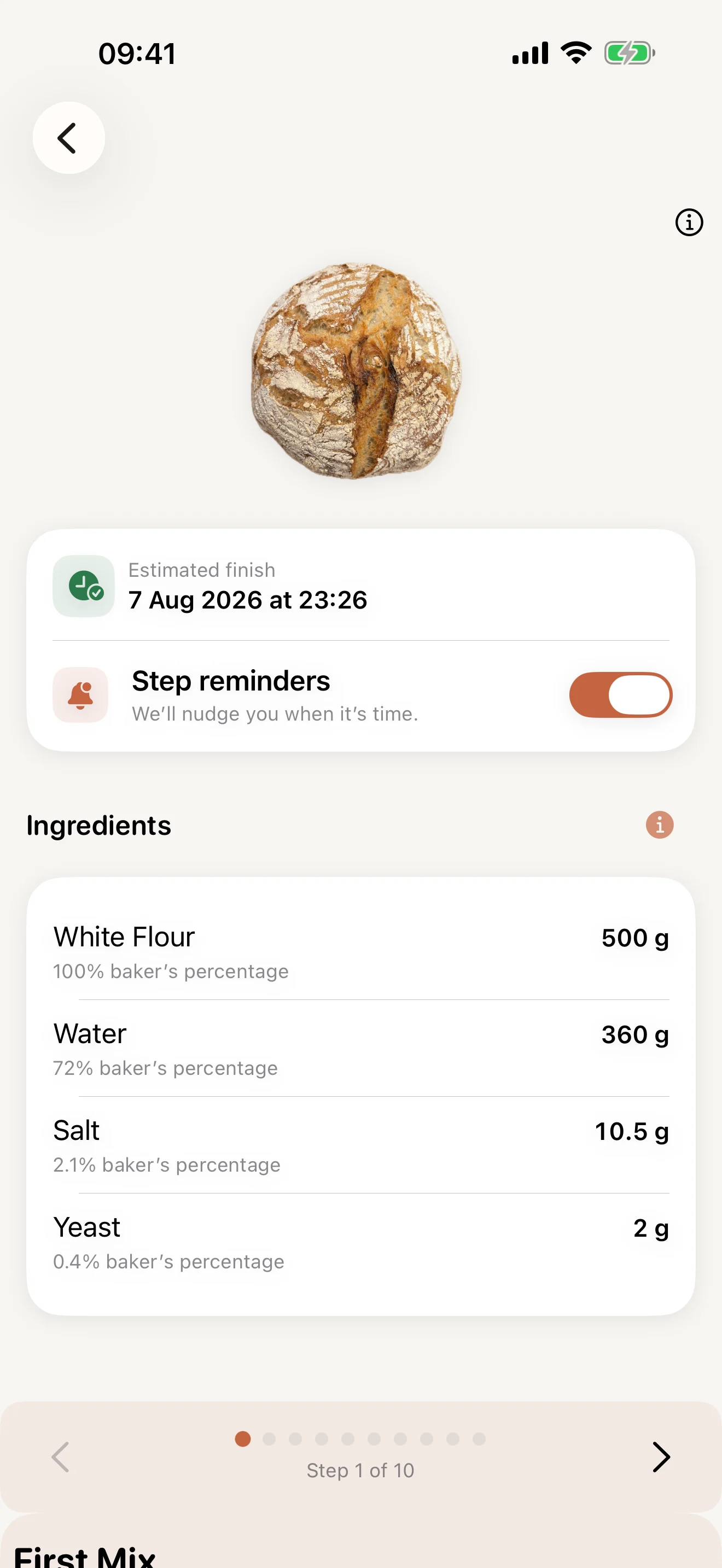 Bread Engineer showing an estimated finish time and step reminder control