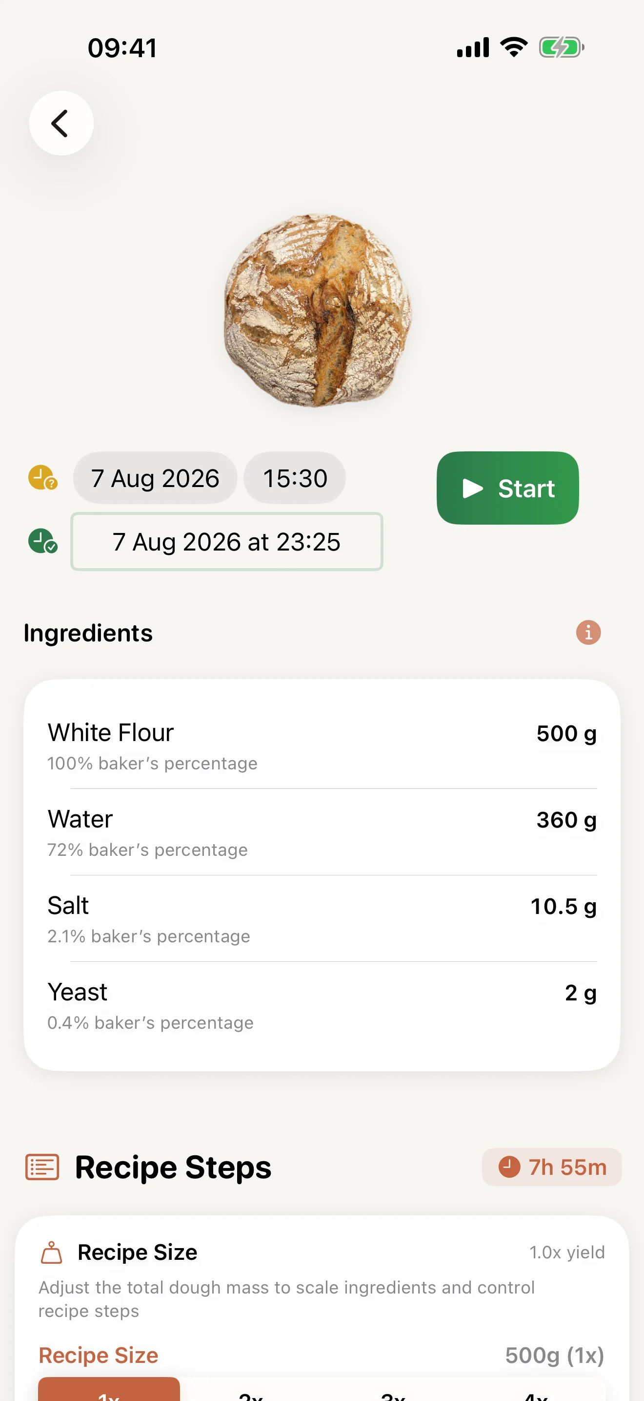Bread Engineer showing a recipe schedule and ingredient weights