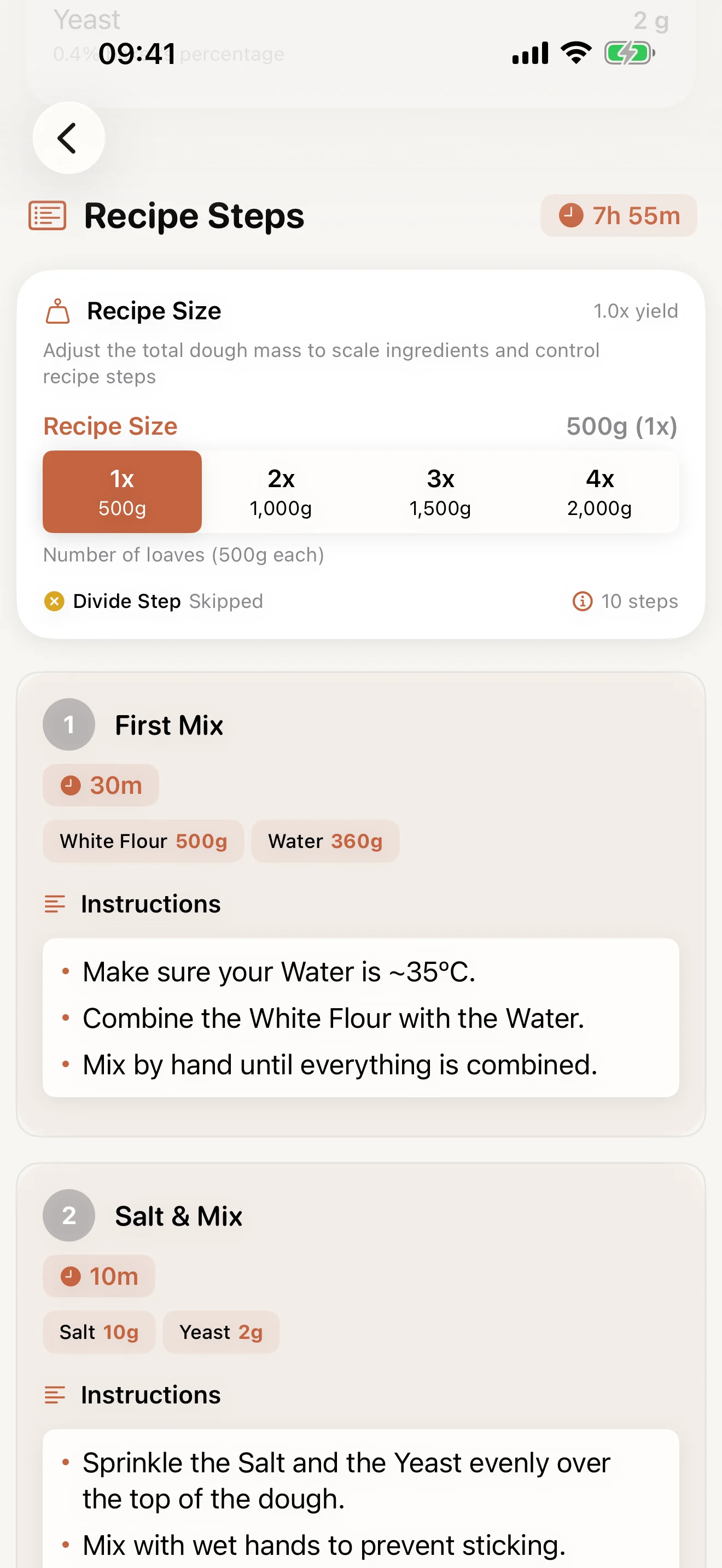 The step-by-step stages of a recipe in Bread Engineer