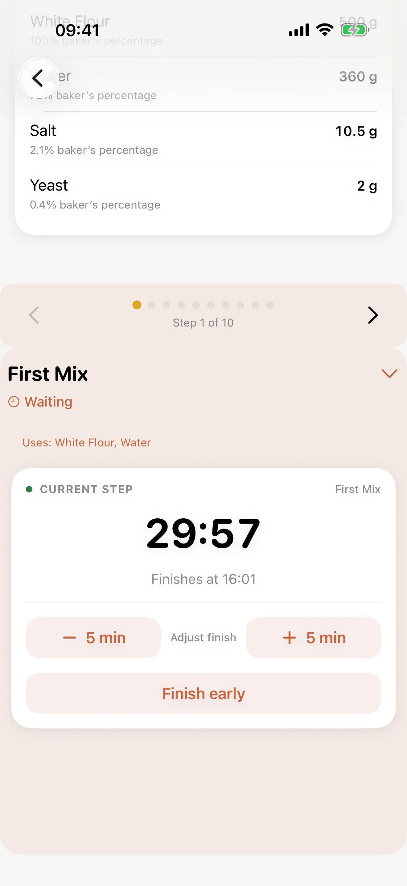 Bread Engineer showing the current bread step countdown and timing controls