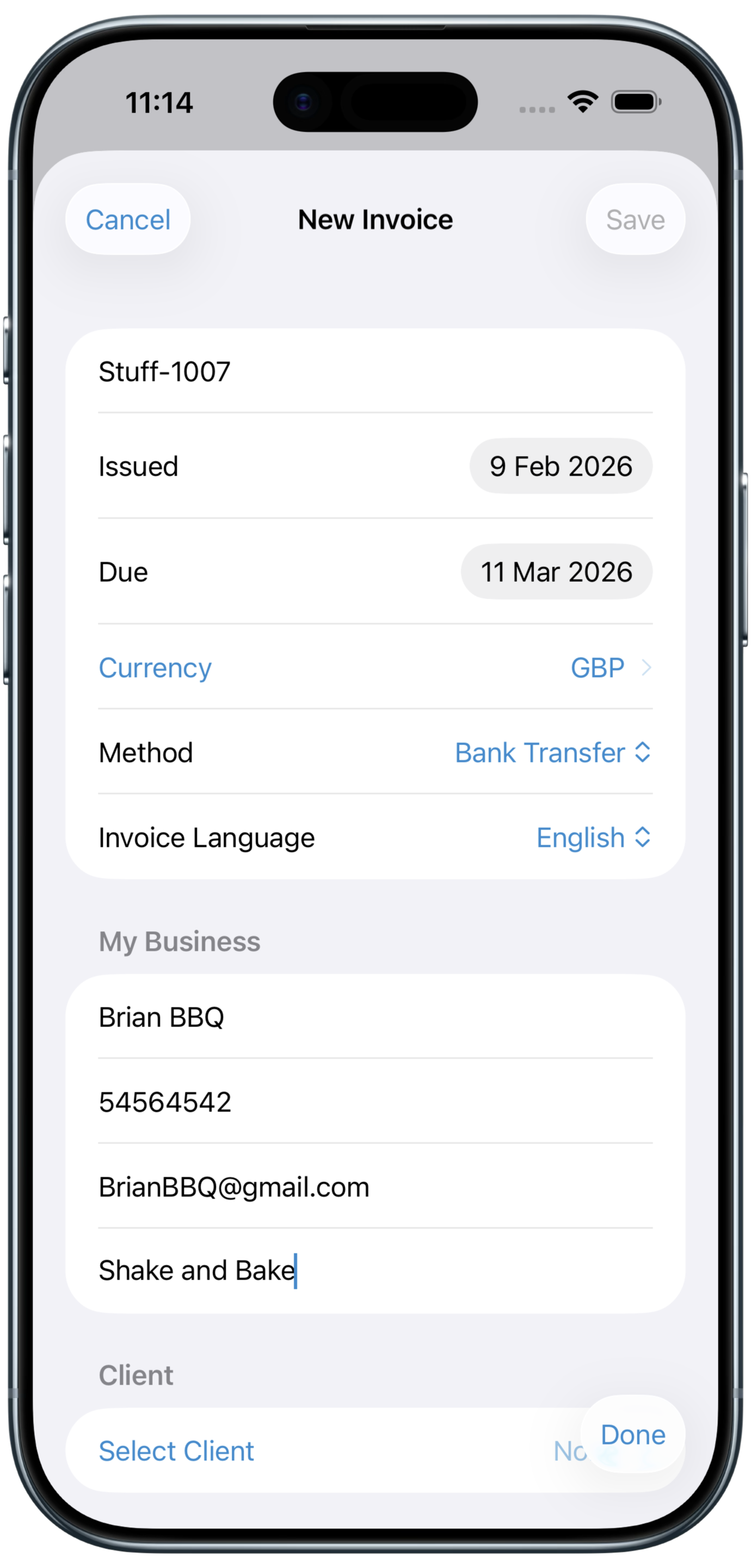 Invoice form with client details, line items, tax, discount and payment terms