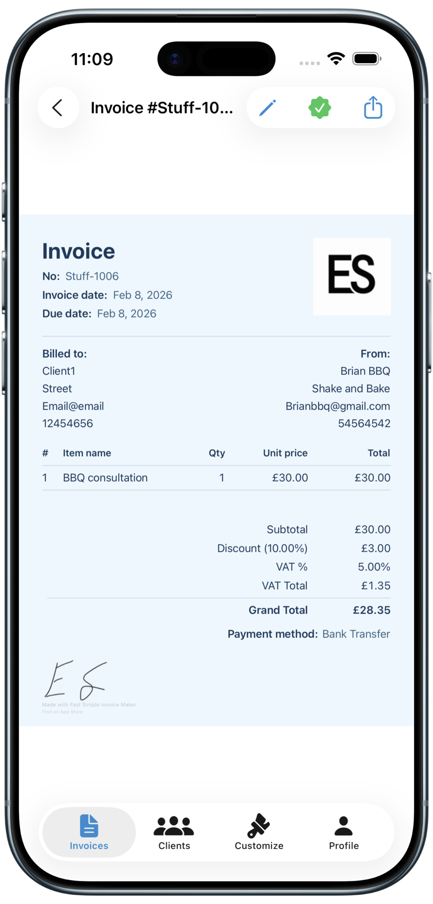 A professional invoice PDF created with Fast Simple Invoice Maker on iPhone