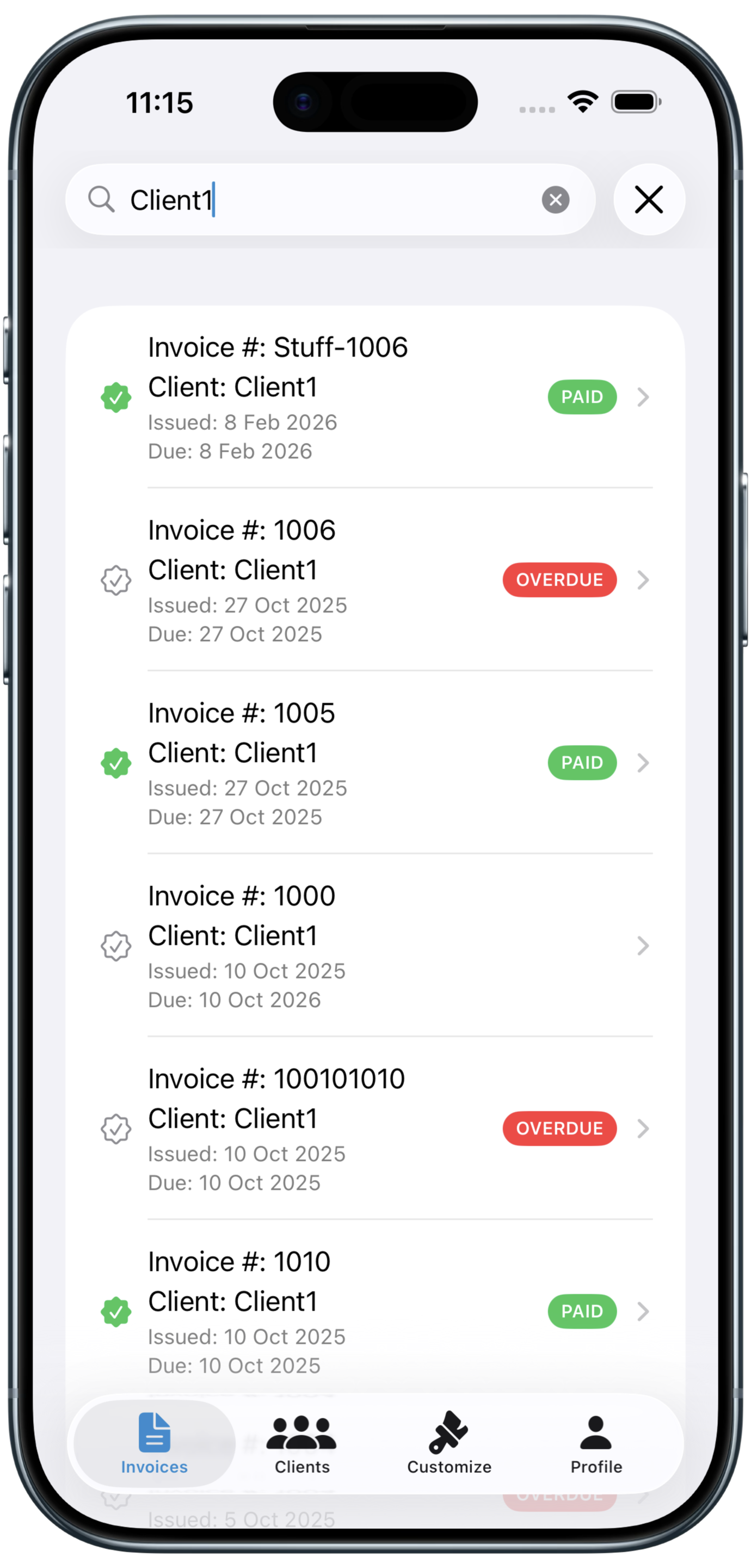 Searchable invoice history with paid and unpaid status