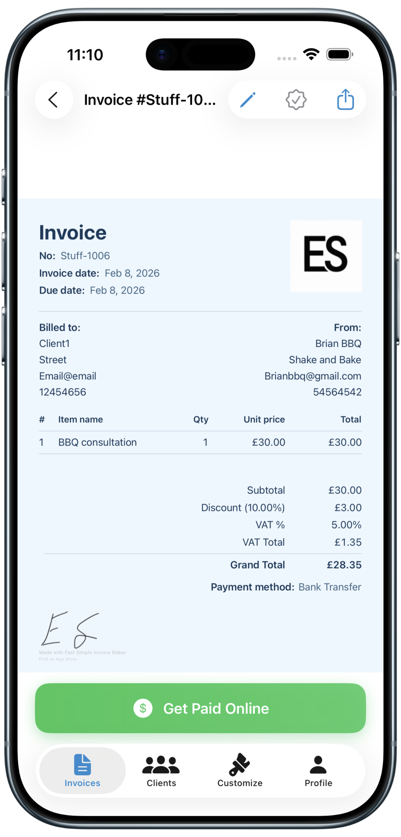 An invoice with an optional Stripe payment link