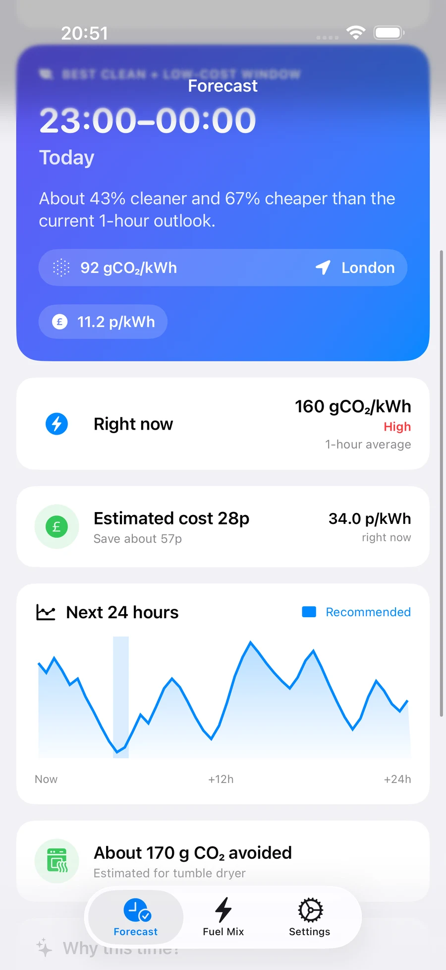 A GridMetrics tariff recommendation with unit price, estimated cost, and saving