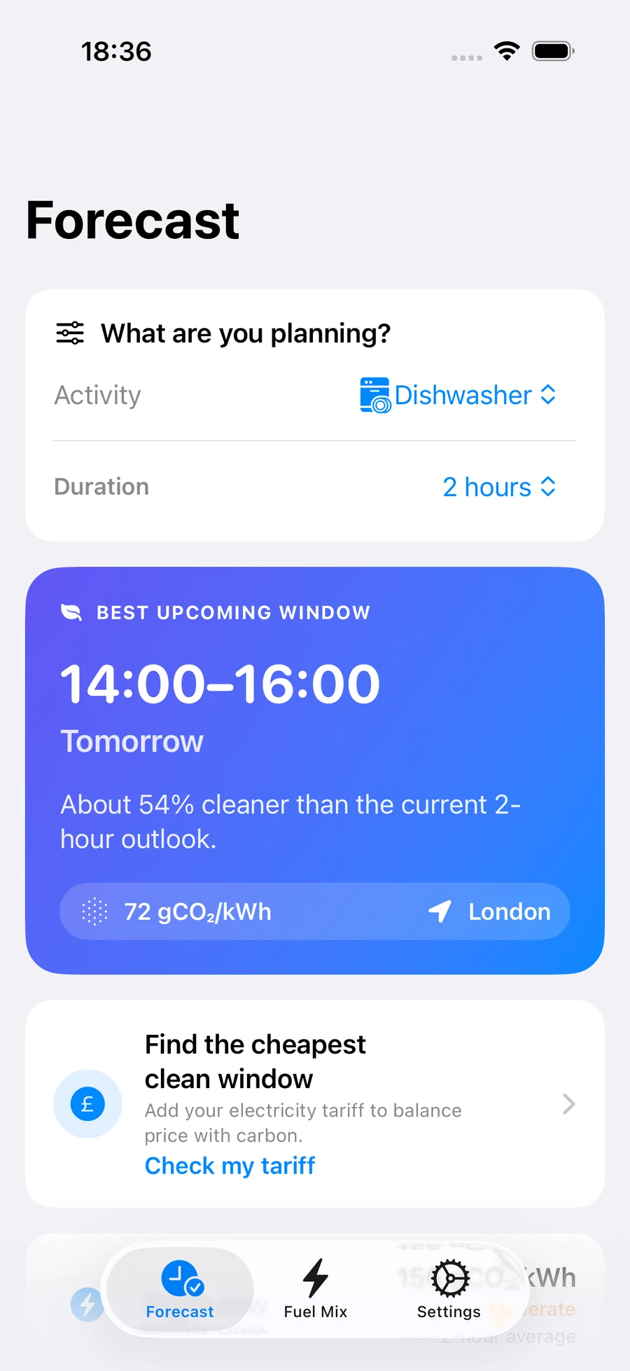 GridMetrics recommending the cleanest upcoming time to use electricity
