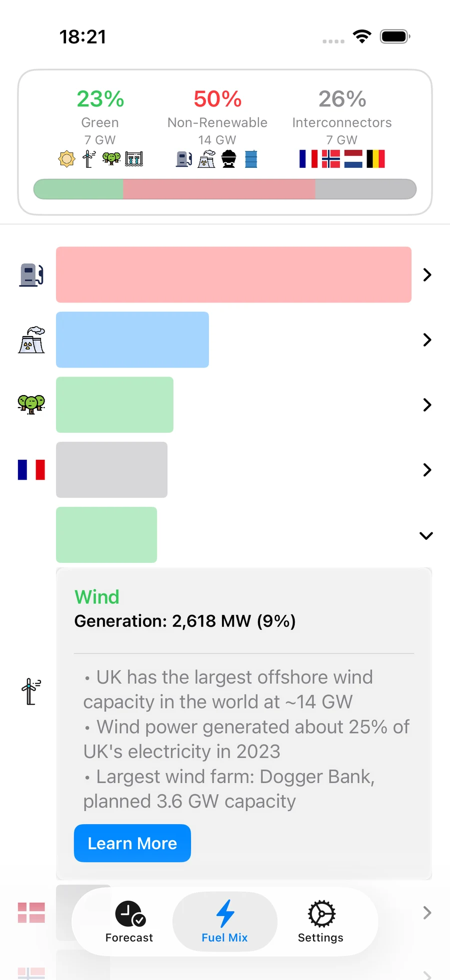 The live Great Britain electricity generation mix in GridMetrics