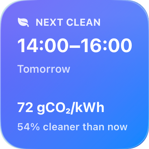 GridMetrics Home Screen widget showing the next clean electricity window