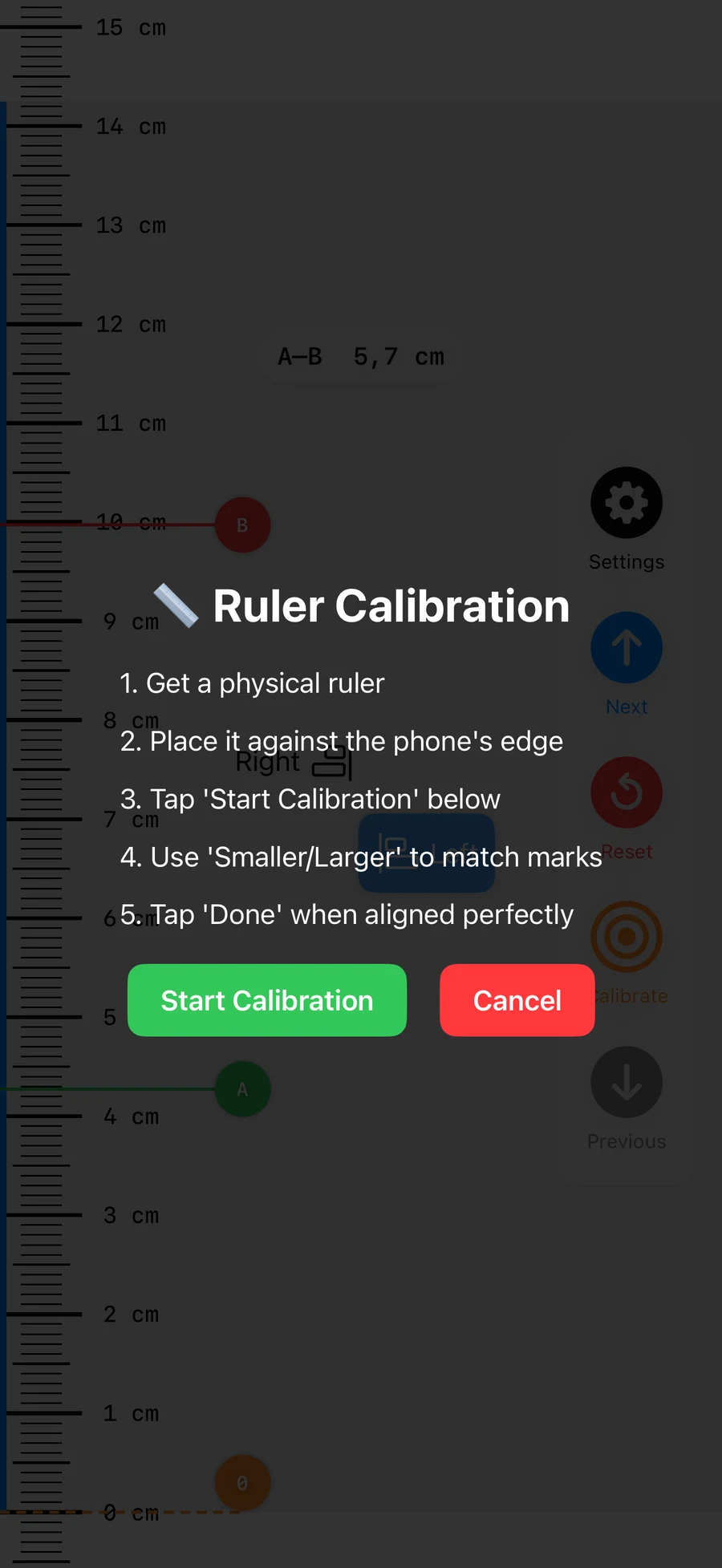 Infinite Ruler calibration instructions over the ruler interface
