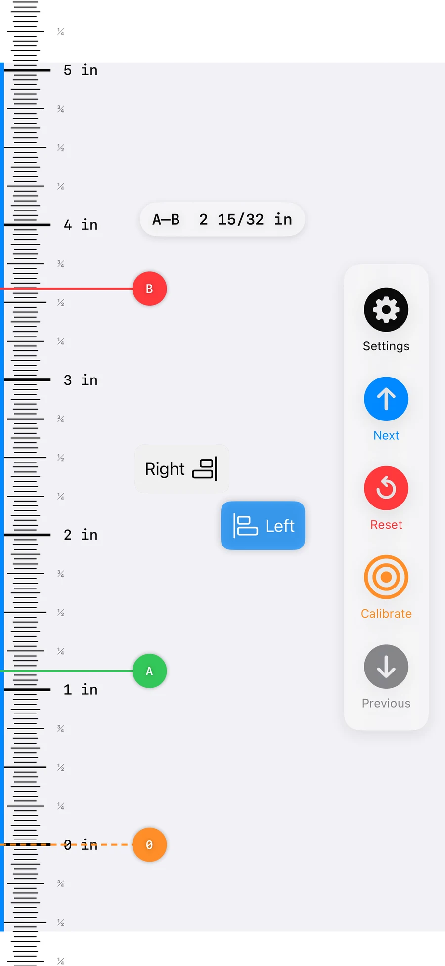 Infinite Ruler measuring a distance with fractional-inch precision and A–B markers